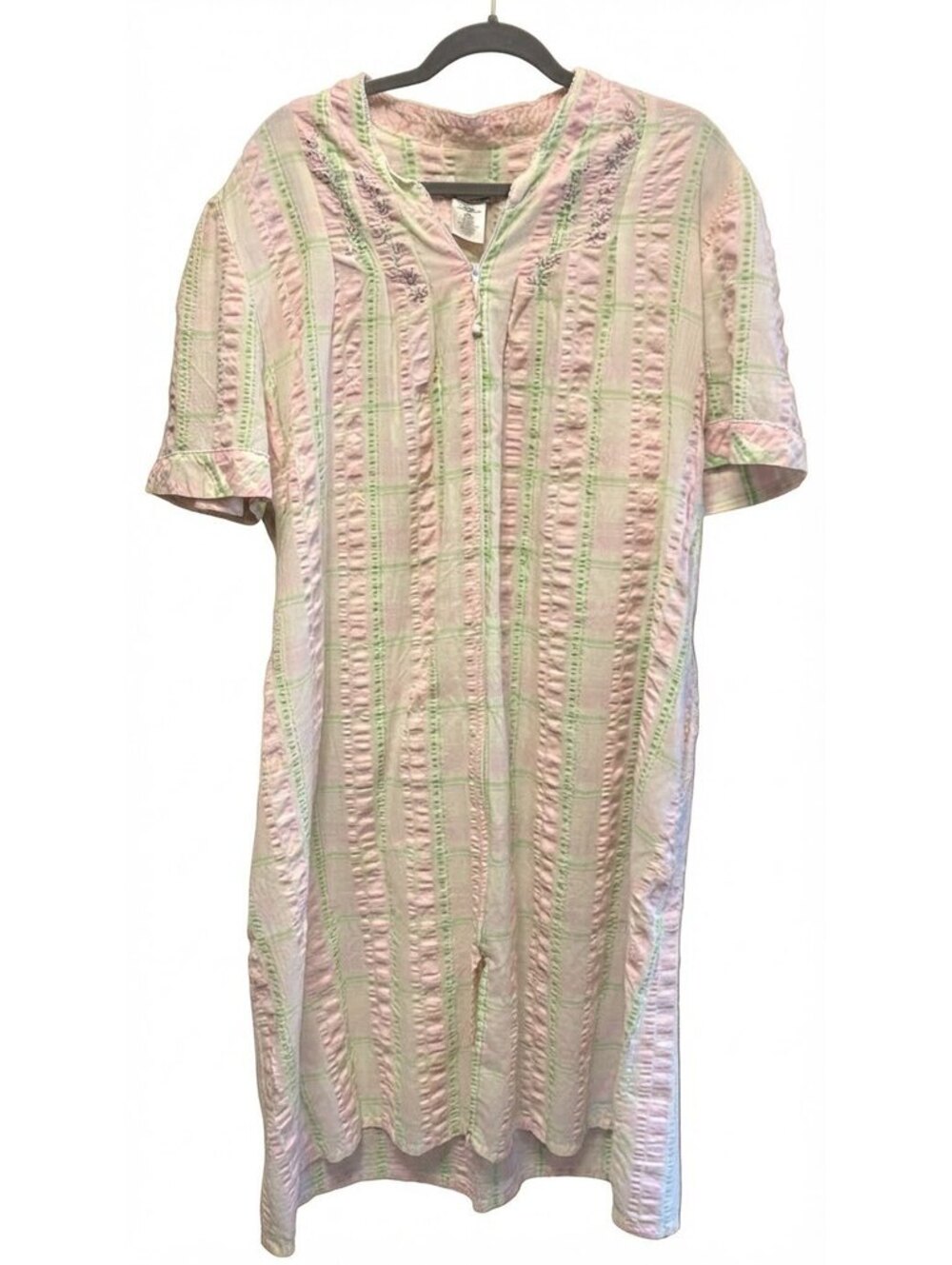 Celestial Dreams Women's XXL Zip Front Robe Pink Green Plaid Seersucker